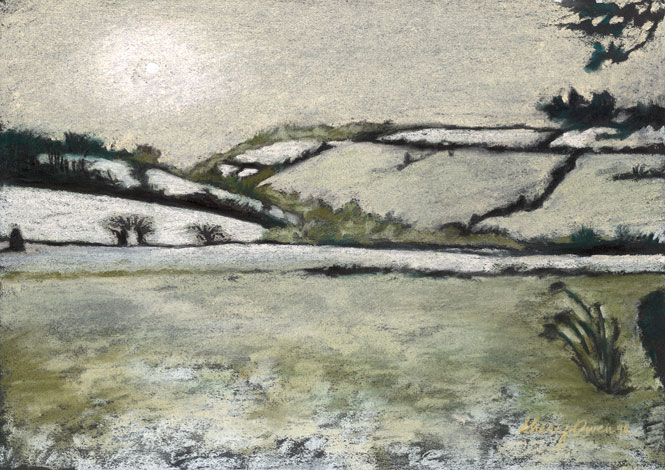 Pastel of a Snowy View over fields by Sherry Owen