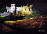 Pastel of Laugharne castle at night by Sherry Owen